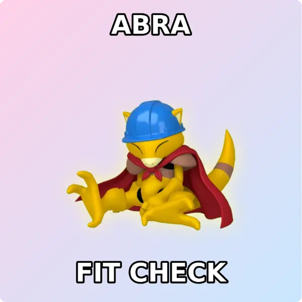 Abra dressed up in a yellow hard hat and a red hero cape on a soft pastel backdrop, made with the CoPokémon meme generator