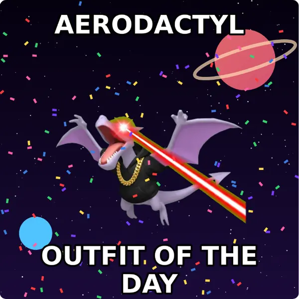 Aerodactyl dressed up in a hoodie with a gold chain and glowing laser eyes on outer space, made with the CoPokémon meme generator