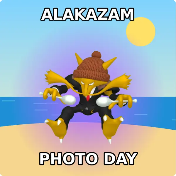 Alakazam dressed up in a brown knit beanie and a sharp suit and tie on a sunny beach, made with the CoPokémon meme generator