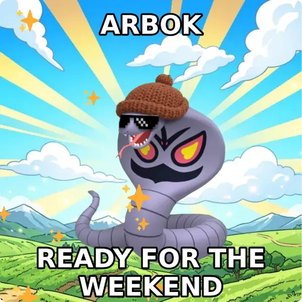 Arbok dressed up in a brown knit beanie and pixel sunglasses on a bright blue sky, made with the CoPokémon meme generator