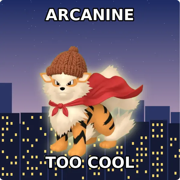 Arcanine dressed up in a brown knit beanie and a red hero cape on a city skyline, made with the CoPokémon meme generator