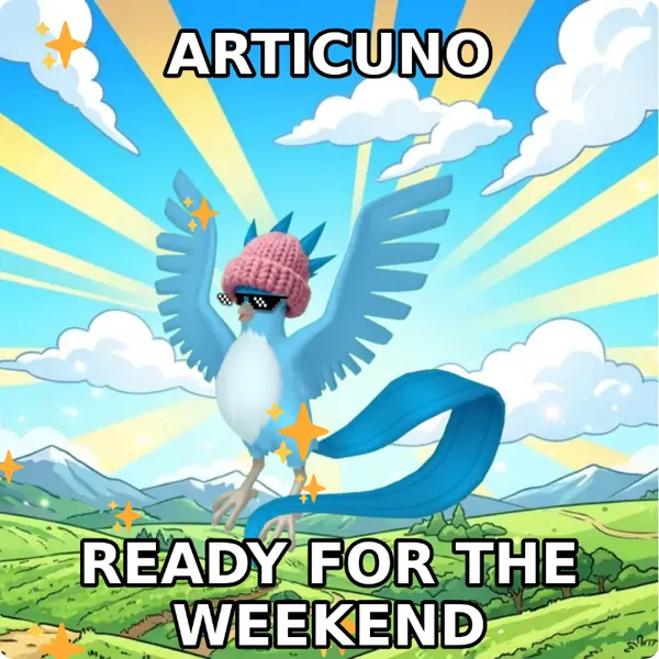 Articuno dressed up in a pink knit beanie and pixel sunglasses on a bright blue sky, made with the CoPokémon meme generator