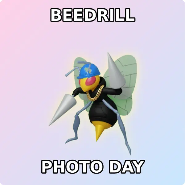 Beedrill dressed up in a yellow hard hat and a hoodie with a gold chain on a soft pastel backdrop, made with the CoPokémon meme generator