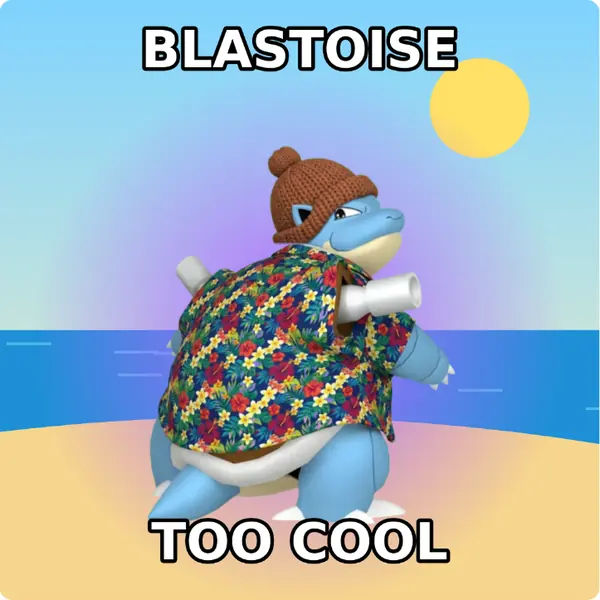 Blastoise dressed up in a brown knit beanie and a Hawaiian shirt on a sunny beach, made with the CoPokémon meme generator