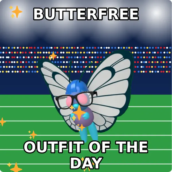 Butterfree dressed up in a yellow hard hat and nerd glasses on a packed stadium, made with the CoPokémon meme generator