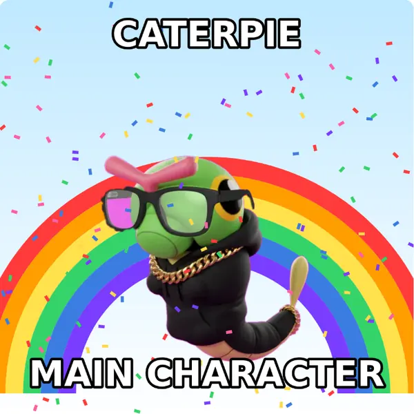 Caterpie dressed up in a hoodie with a gold chain and nerd glasses on a rainbow backdrop, made with the CoPokémon meme generator