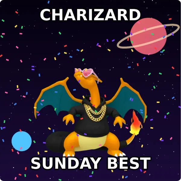 Charizard dressed up in a hoodie with a gold chain and heart shaped shades on outer space, made with the CoPokémon meme generator