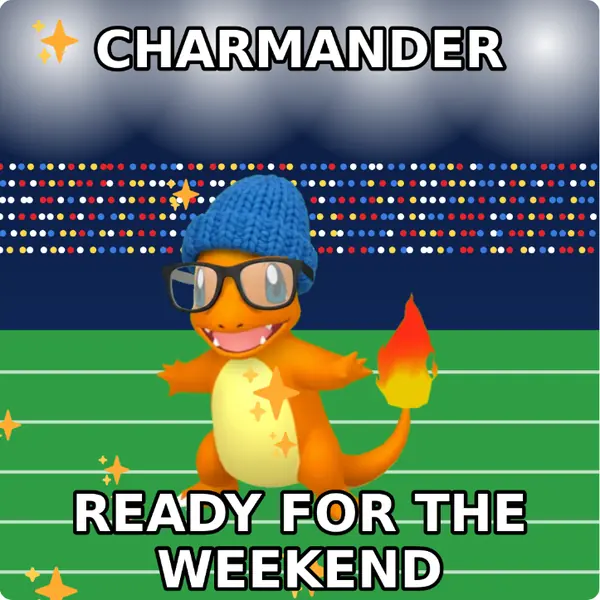 Charmander dressed up in a blue knit beanie and nerd glasses on a packed stadium, made with the CoPokémon meme generator