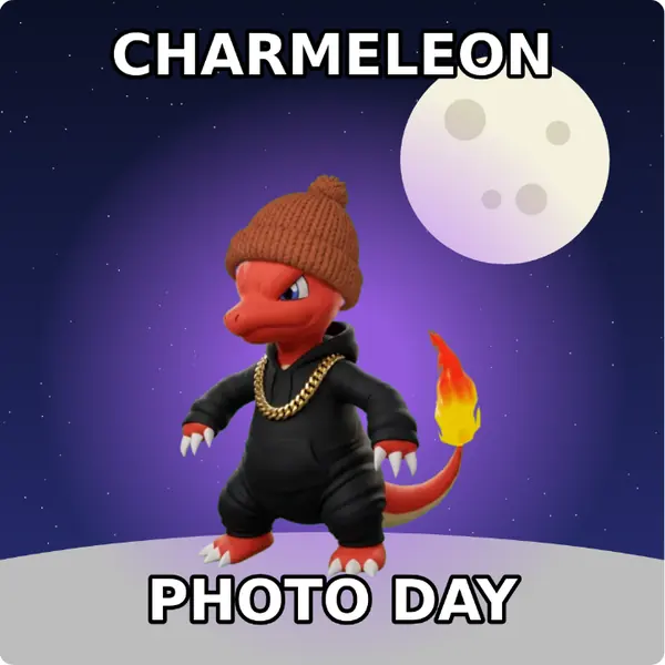 Charmeleon dressed up in a brown knit beanie and a hoodie with a gold chain on the surface of the moon, made with the CoPokémon meme generator
