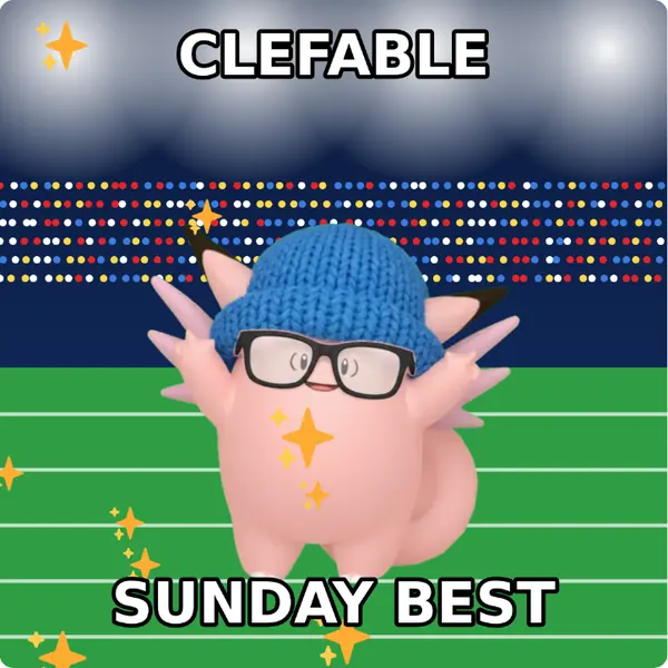 Clefable dressed up in a blue knit beanie and nerd glasses on a packed stadium, made with the CoPokémon meme generator