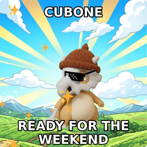 Cubone dressed up in a brown knit beanie and pixel sunglasses on a bright blue sky, made with the CoPokémon meme generator