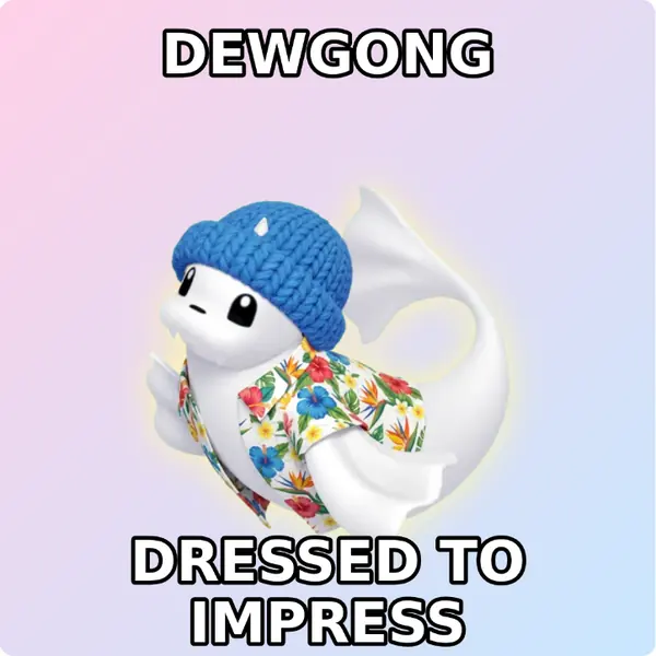 Dewgong dressed up in a blue knit beanie and a Hawaiian shirt on a soft pastel backdrop, made with the CoPokémon meme generator