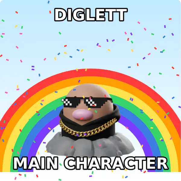 Diglett dressed up in a hoodie with a gold chain and pixel sunglasses on a rainbow backdrop, made with the CoPokémon meme generator