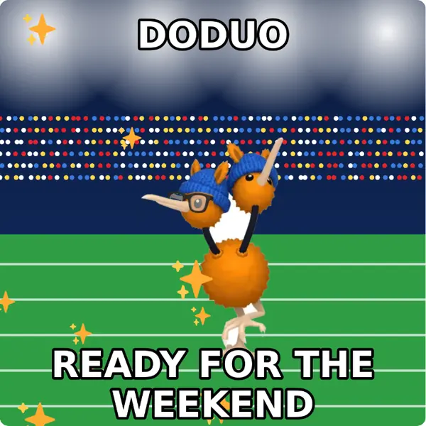 Doduo dressed up in a blue knit beanie and nerd glasses on a packed stadium, made with the CoPokémon meme generator
