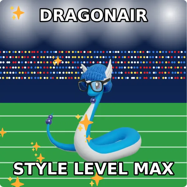 Dragonair dressed up in a blue knit beanie and nerd glasses on a packed stadium, made with the CoPokémon meme generator