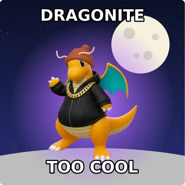 Dragonite dressed up in a brown knit beanie and a hoodie with a gold chain on the surface of the moon, made with the CoPokémon meme generator
