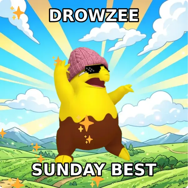 Drowzee dressed up in a pink knit beanie and pixel sunglasses on a bright blue sky, made with the CoPokémon meme generator