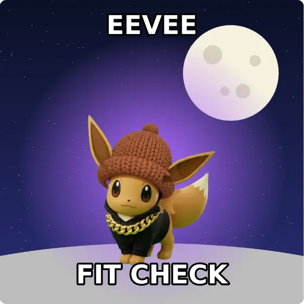 Eevee dressed up in a brown knit beanie and a hoodie with a gold chain on the surface of the moon, made with the CoPokémon meme generator