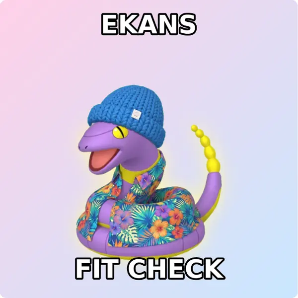 Ekans dressed up in a blue knit beanie and a Hawaiian shirt on a soft pastel backdrop, made with the CoPokémon meme generator