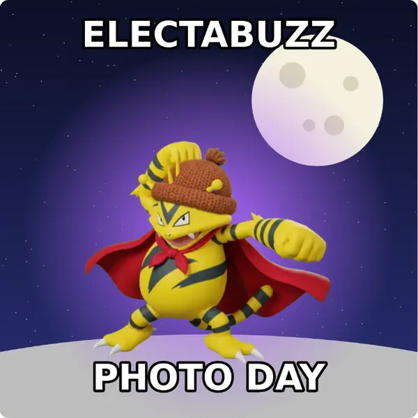 Electabuzz dressed up in a brown knit beanie and a red hero cape on the surface of the moon, made with the CoPokémon meme generator