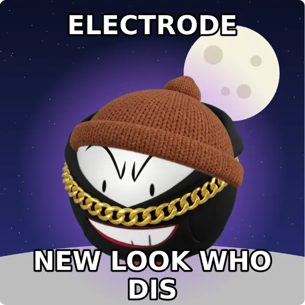 Electrode dressed up in a brown knit beanie and a hoodie with a gold chain on the surface of the moon, made with the CoPokémon meme generator