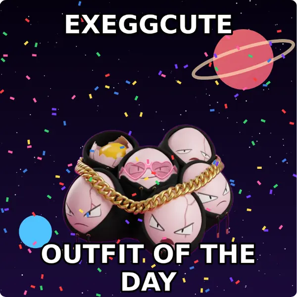 Exeggcute dressed up in a hoodie with a gold chain and heart shaped shades on outer space, made with the CoPokémon meme generator