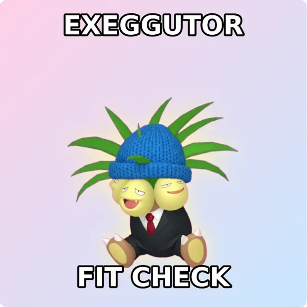 Exeggutor dressed up in a blue knit beanie and a sharp suit and tie on a soft pastel backdrop, made with the CoPokémon meme generator