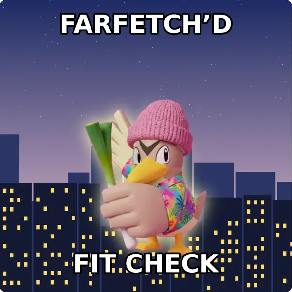 Farfetch’d dressed up in a pink knit beanie and a Hawaiian shirt on a city skyline, made with the CoPokémon meme generator