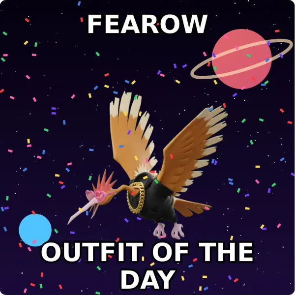 Fearow dressed up in a hoodie with a gold chain and heart shaped shades on outer space, made with the CoPokémon meme generator