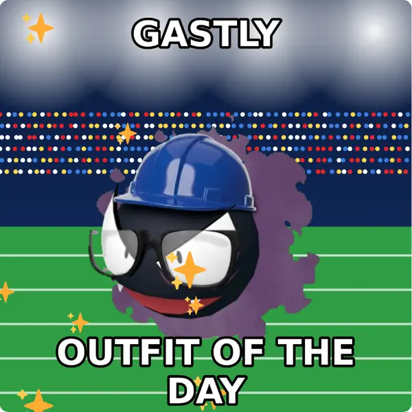Gastly dressed up in a yellow hard hat and nerd glasses on a packed stadium, made with the CoPokémon meme generator