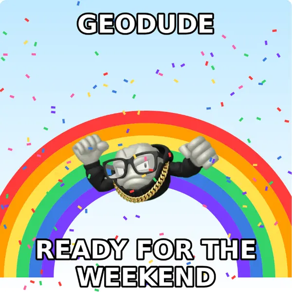 Geodude dressed up in a hoodie with a gold chain and nerd glasses on a rainbow backdrop, made with the CoPokémon meme generator