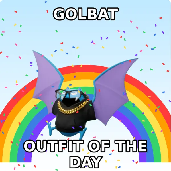 Golbat dressed up in a hoodie with a gold chain and nerd glasses on a rainbow backdrop, made with the CoPokémon meme generator