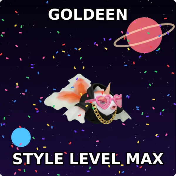 Goldeen dressed up in a hoodie with a gold chain and heart shaped shades on outer space, made with the CoPokémon meme generator