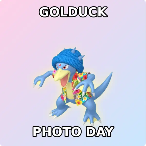 Golduck dressed up in a blue knit beanie and a Hawaiian shirt on a soft pastel backdrop, made with the CoPokémon meme generator