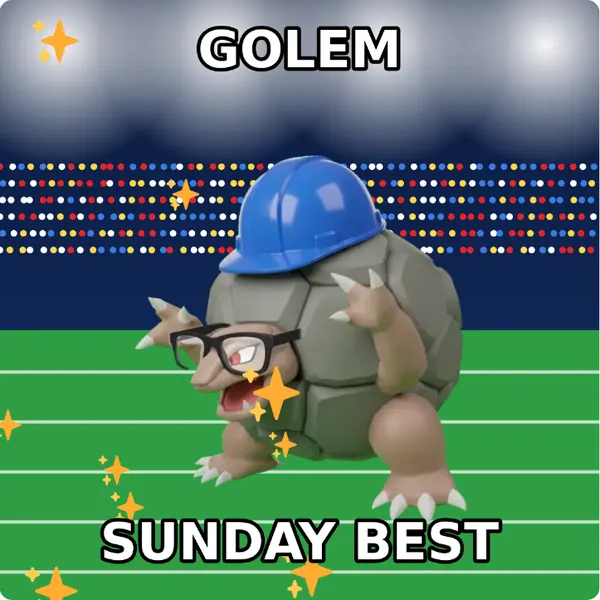 Golem dressed up in a yellow hard hat and nerd glasses on a packed stadium, made with the CoPokémon meme generator