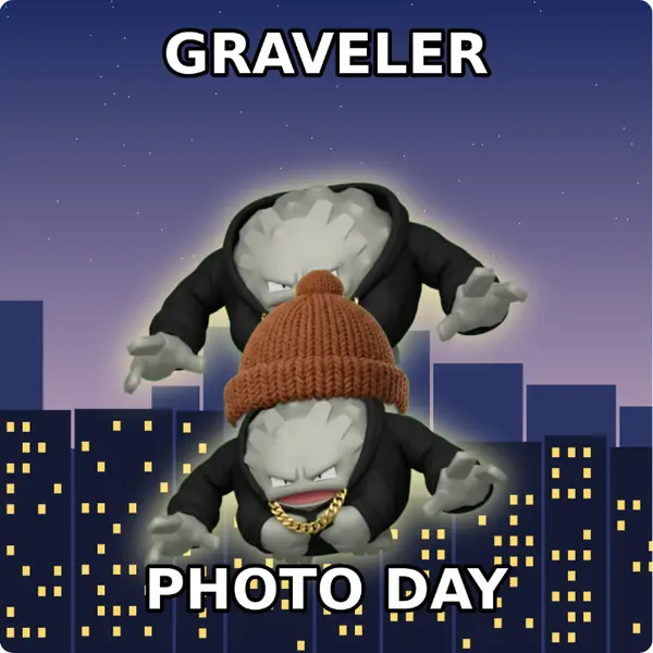Graveler dressed up in a brown knit beanie and a hoodie with a gold chain on a city skyline, made with the CoPokémon meme generator
