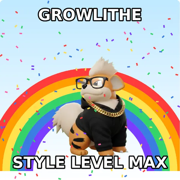 Growlithe dressed up in a hoodie with a gold chain and nerd glasses on a rainbow backdrop, made with the CoPokémon meme generator