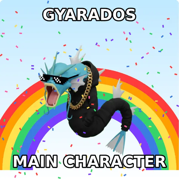 Gyarados dressed up in a hoodie with a gold chain and pixel sunglasses on a rainbow backdrop, made with the CoPokémon meme generator