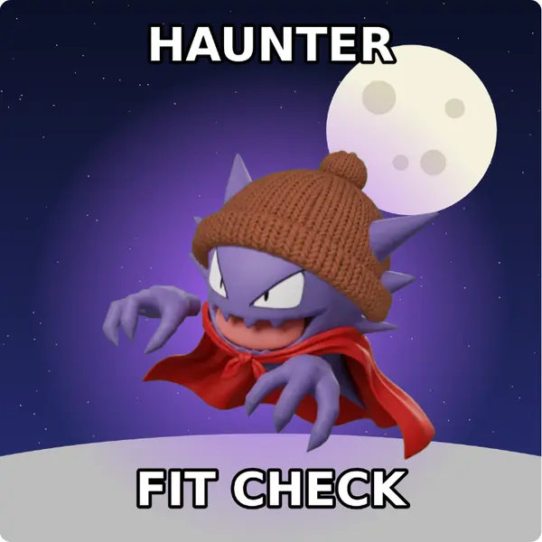 Haunter dressed up in a brown knit beanie and a red hero cape on the surface of the moon, made with the CoPokémon meme generator