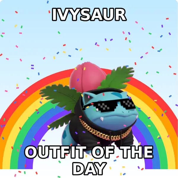 Ivysaur dressed up in a hoodie with a gold chain and pixel sunglasses on a rainbow backdrop, made with the CoPokémon meme generator