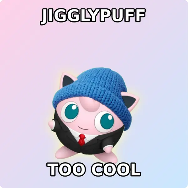 Jigglypuff dressed up in a blue knit beanie and a sharp suit and tie on a soft pastel backdrop, made with the CoPokémon meme generator