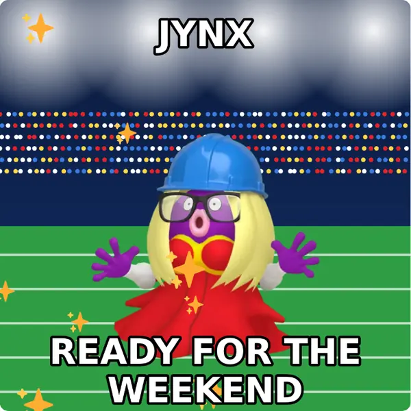 Jynx dressed up in a yellow hard hat and nerd glasses on a packed stadium, made with the CoPokémon meme generator