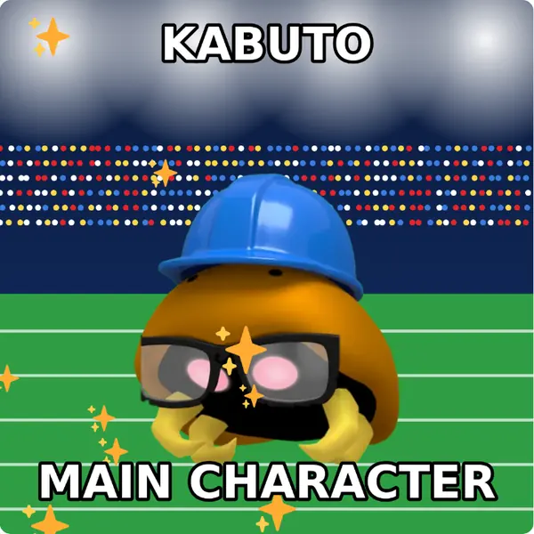 Kabuto dressed up in a yellow hard hat and nerd glasses on a packed stadium, made with the CoPokémon meme generator