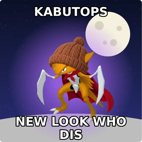 Kabutops dressed up in a brown knit beanie and a red hero cape on the surface of the moon, made with the CoPokémon meme generator