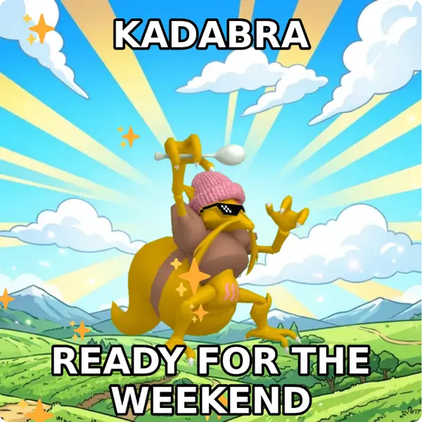 Kadabra dressed up in a pink knit beanie and pixel sunglasses on a bright blue sky, made with the CoPokémon meme generator