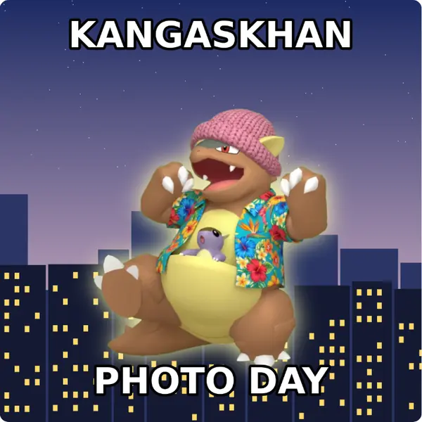 Kangaskhan dressed up in a pink knit beanie and a Hawaiian shirt on a city skyline, made with the CoPokémon meme generator