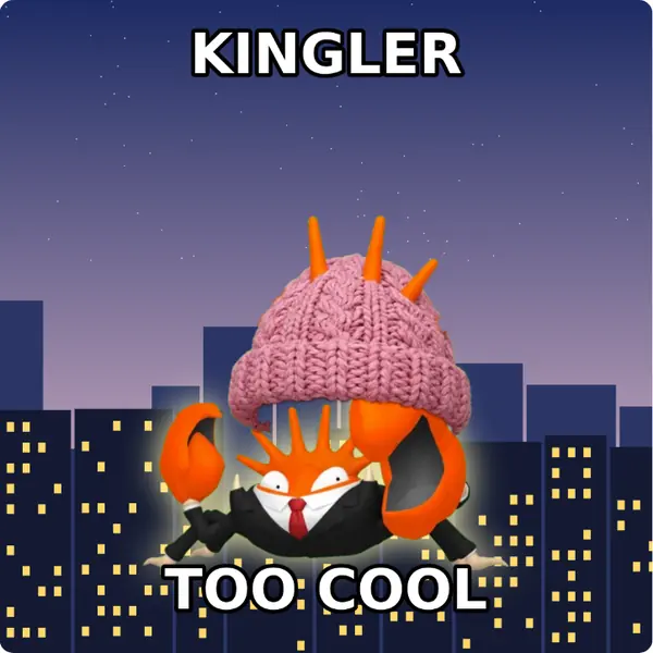 Kingler dressed up in a pink knit beanie and a sharp suit and tie on a city skyline, made with the CoPokémon meme generator