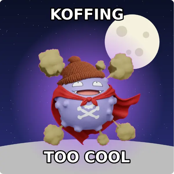 Koffing dressed up in a brown knit beanie and a red hero cape on the surface of the moon, made with the CoPokémon meme generator