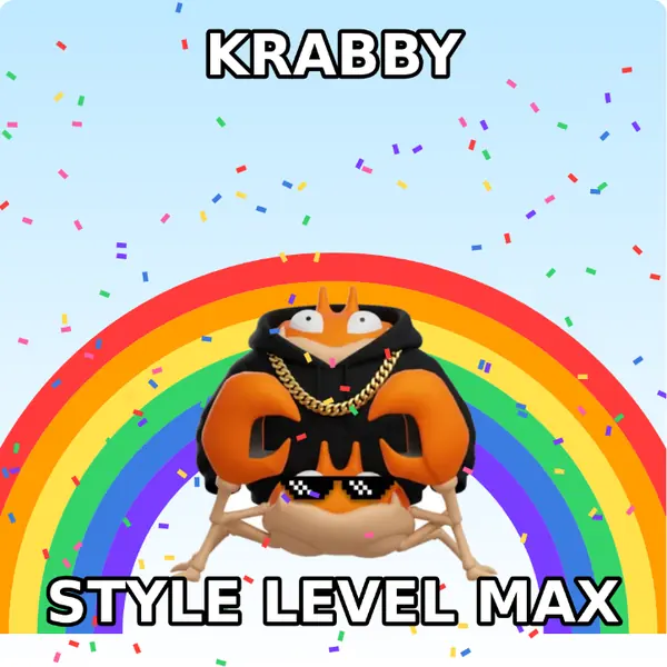 Krabby dressed up in a hoodie with a gold chain and pixel sunglasses on a rainbow backdrop, made with the CoPokémon meme generator