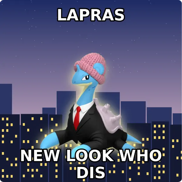 Lapras dressed up in a pink knit beanie and a sharp suit and tie on a city skyline, made with the CoPokémon meme generator